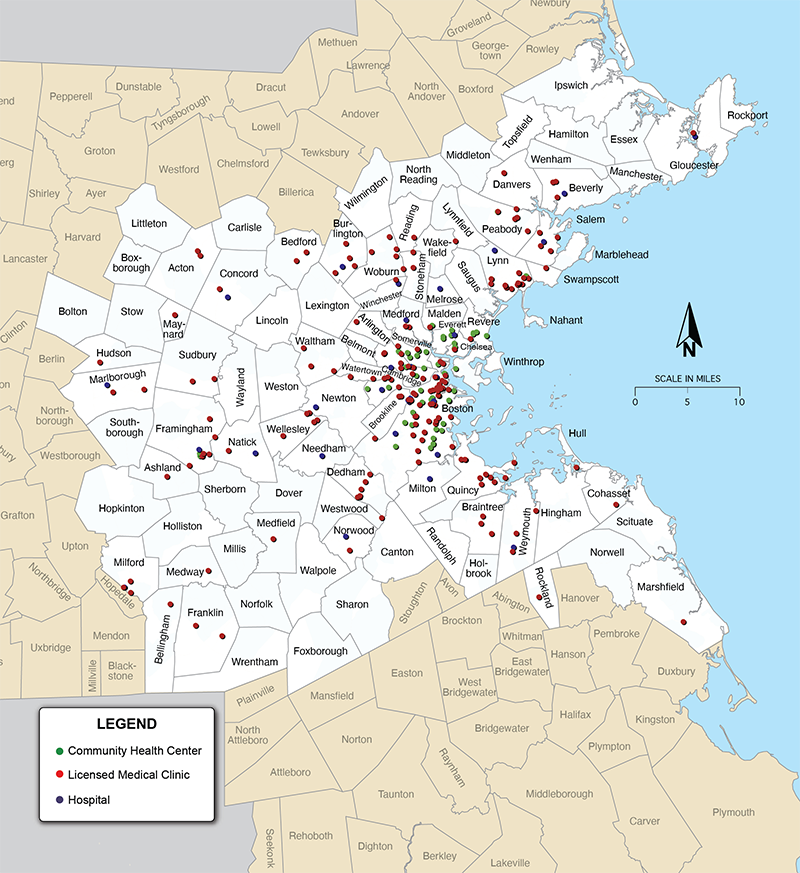 Figure 20 is a map that shows the locations of non-emergency healthcare facilities in the Boston region.